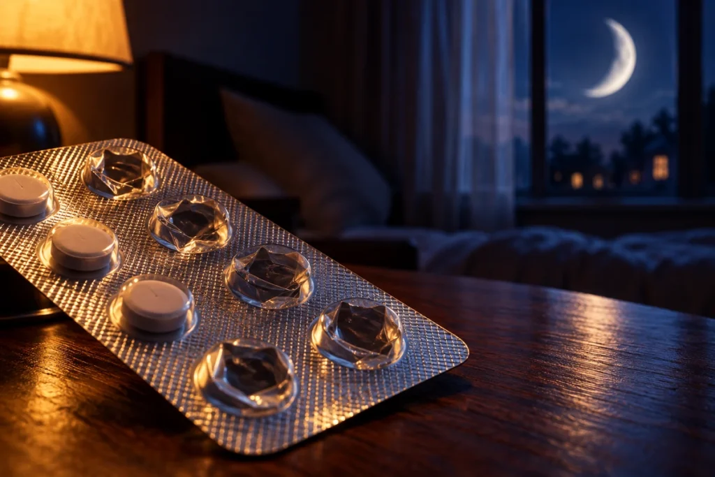 睡眠薬の供給確認をイメージした錠剤シートと睡眠のイメージ