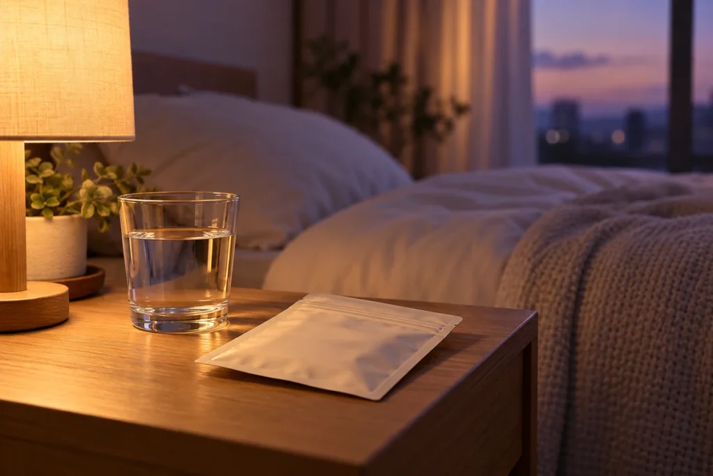 眠りと服薬の継続をイメージした夜の寝室と水のグラス