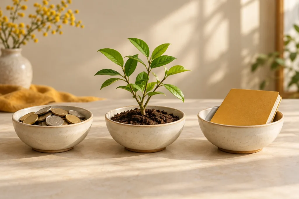硬貨と植物、無地の冊子を置いた三つの器