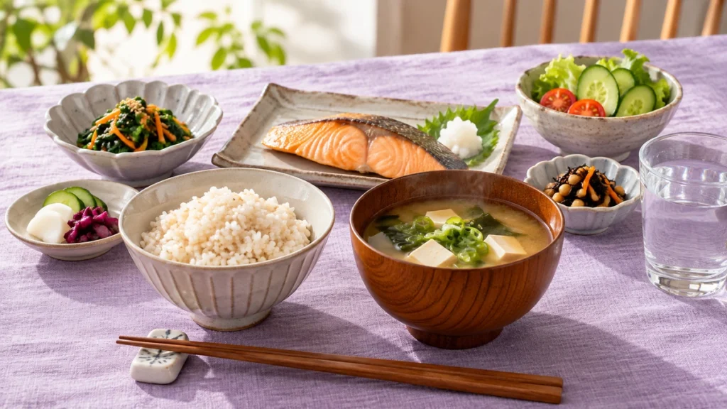 ご飯と魚、野菜、汁物、水をそろえた食事のイメージ