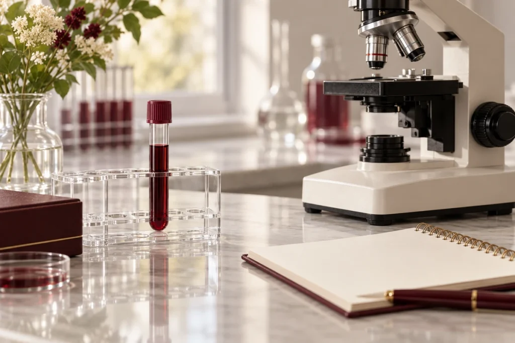 テストステロンの測定研究をイメージした採血管と顕微鏡