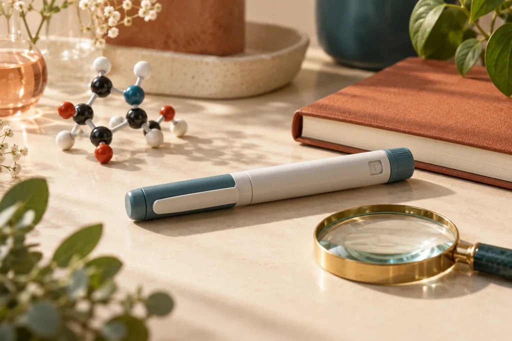 GLP-1関連薬と男性ホルモンの研究をイメージした注射ペンと分子模型