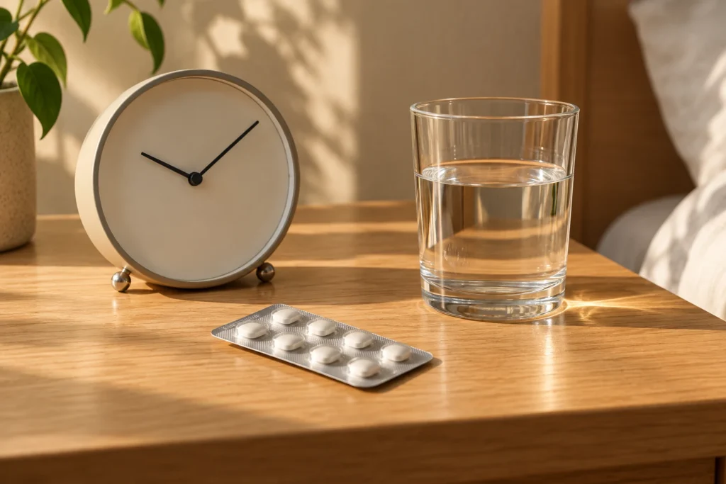 時計と水、薬を並べて服用と食品の時間を考えるイメージ