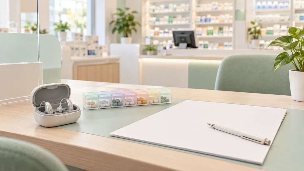 補聴器ケースと服薬管理用品を置いた薬局の相談カウンター