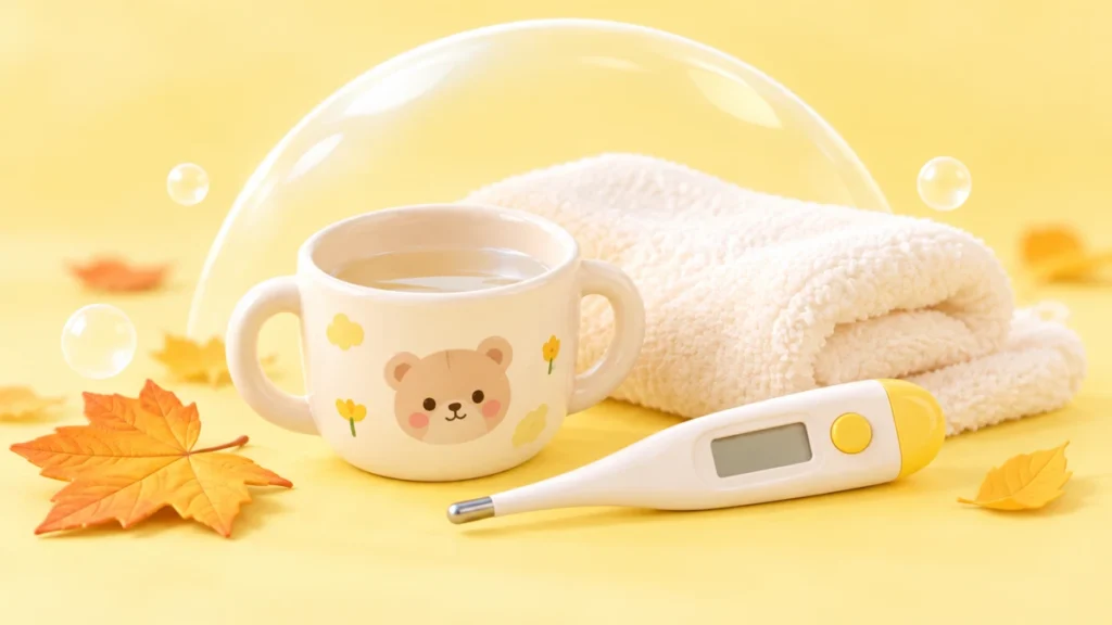 やわらかい黄色を背景に子ども用のコップと体温計、タオルを並べたイラスト