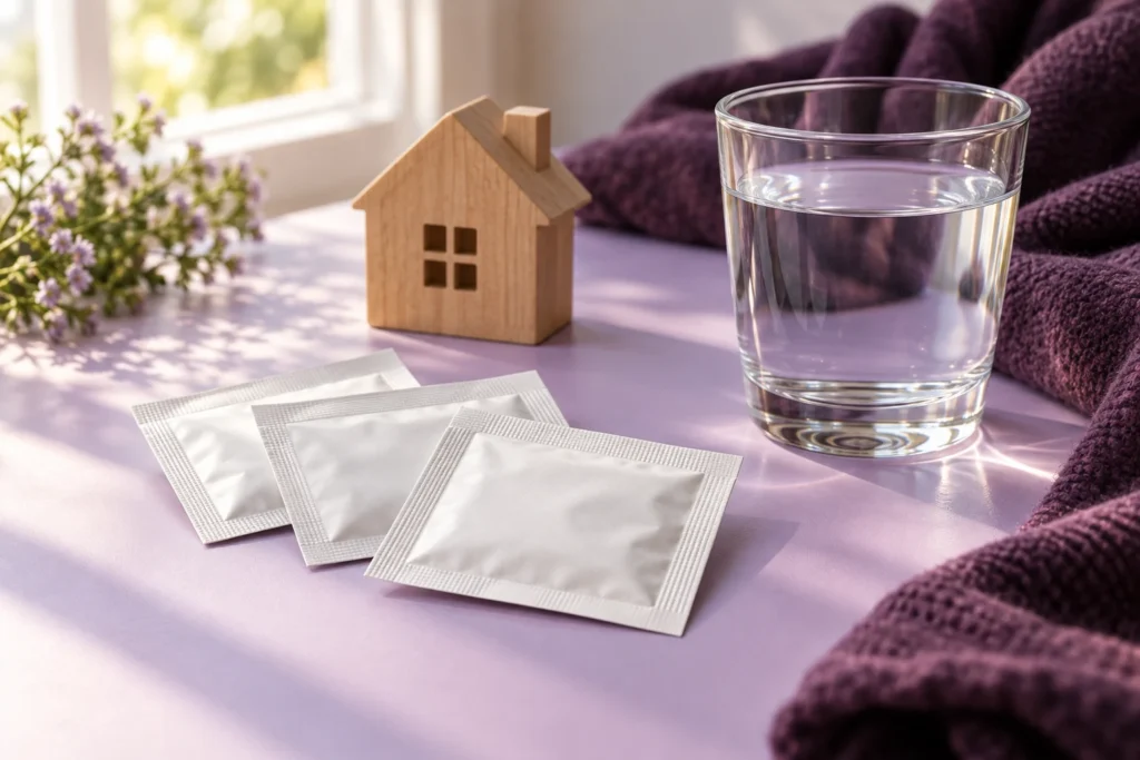 薬の袋と水のグラス、木の家を並べた在宅での服薬支援のイメージ