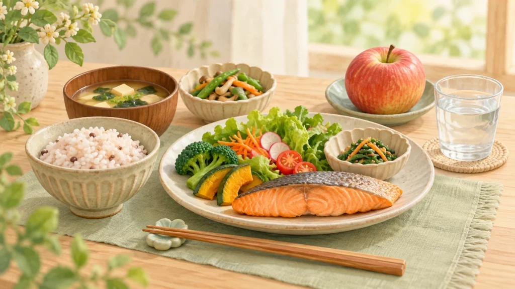 魚と野菜、ご飯、果物、水を並べたバランスのよい食事