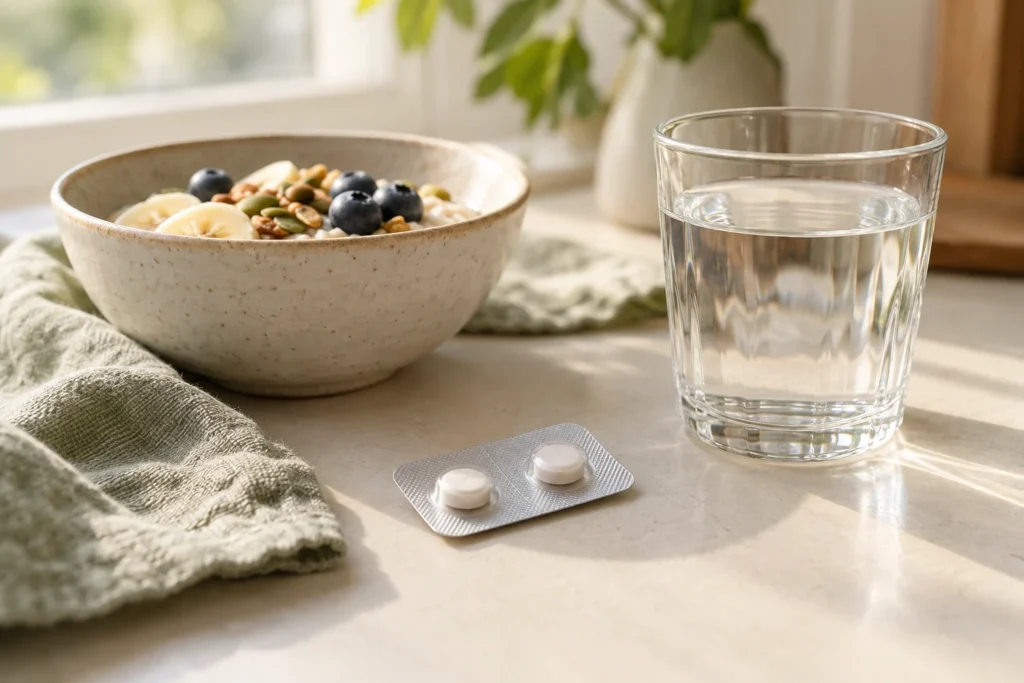 朝食と水、錠剤シートを並べた食後服用のイメージ