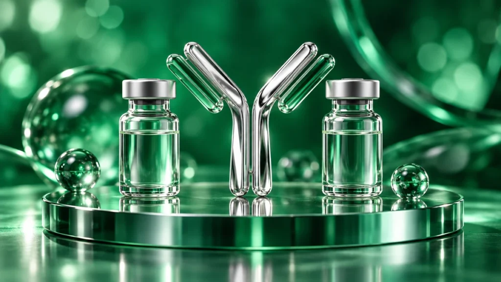 エメラルドグリーンの背景に並ぶ薬剤バイアルと抗体を表すオブジェ