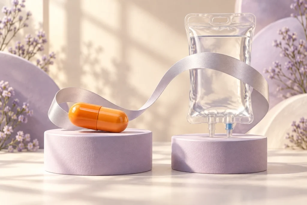 飲み薬と点滴薬を並べたレンビマとキイトルーダ併用療法のイメージ