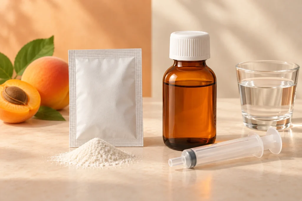 粉薬の袋と液体の薬瓶、経口投与用の計量器具を並べた静物