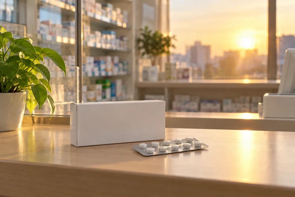 朝の光が入る薬局カウンターに置かれた市販薬の箱と錠剤のイメージ