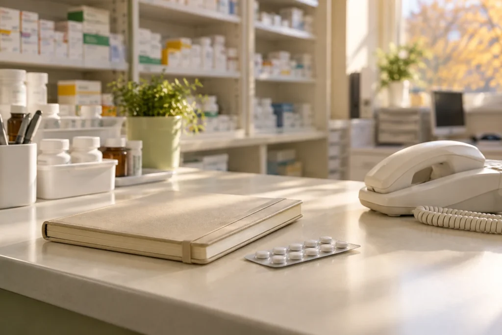 薬剤情報の共有をイメージしたお薬手帳と電話