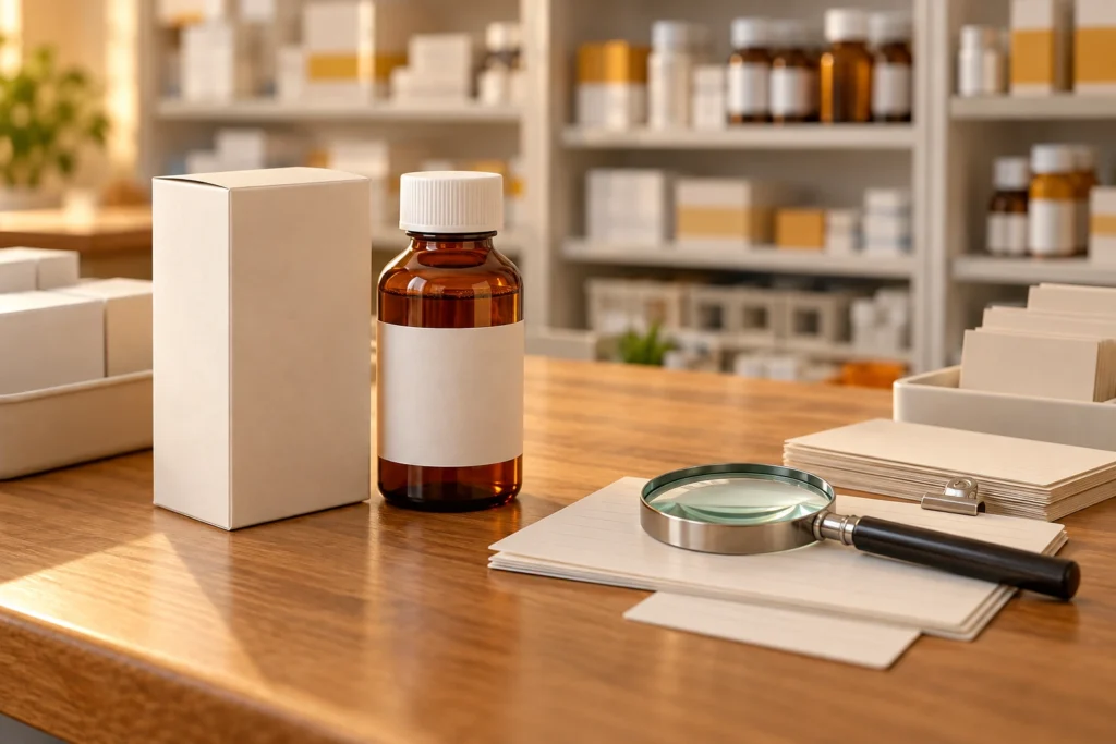 医薬品容器と在庫確認用カードを置いた薬局の机