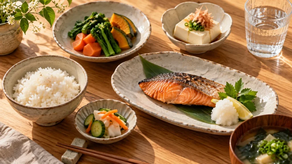 主食とたんぱく質と野菜をそろえた食事と水のグラス