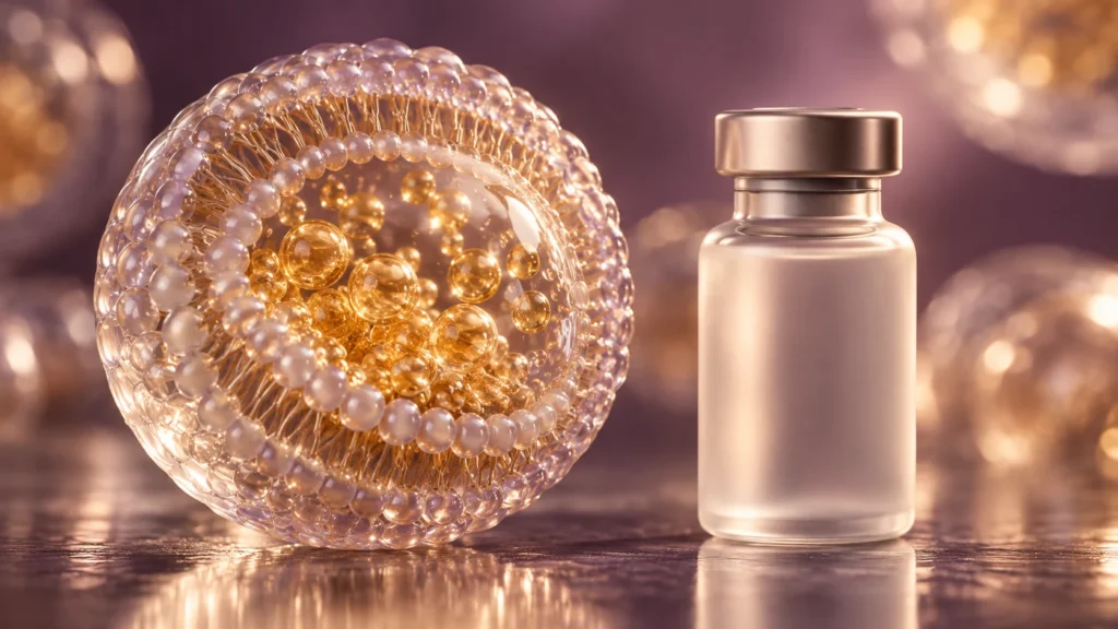 薬剤を包み込むリポソームを表現した球体とバイアルの概念イメージ