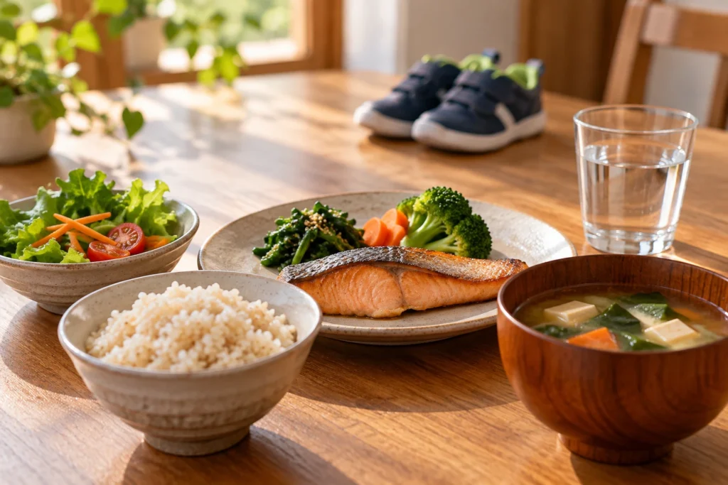 魚と野菜、ご飯を組み合わせた食事と家族の生活習慣を整えるイメージ