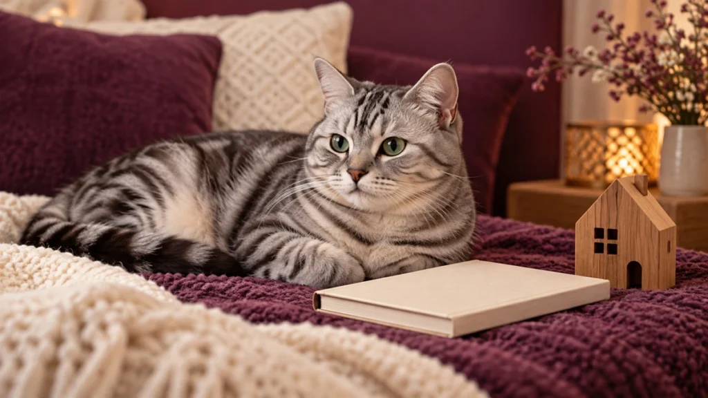 プラム色の室内でノートと木の家の模型のそばに休む猫