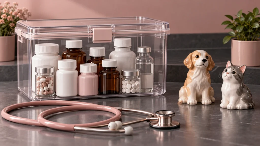 ふた付きの薬の保管箱と聴診器、犬猫の置物