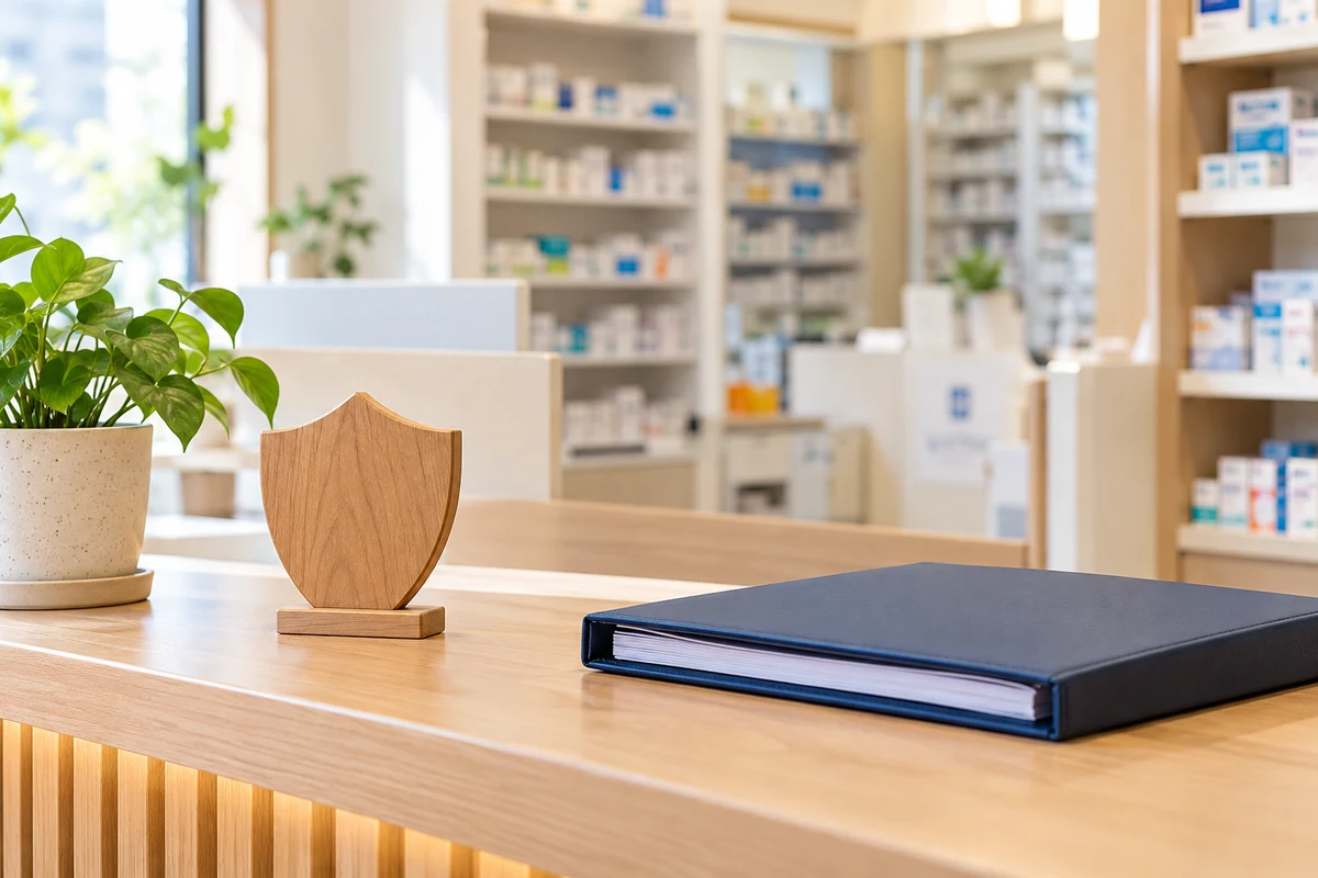 薬局のカスハラ対策をイメージした受付カウンターと方針ファイル