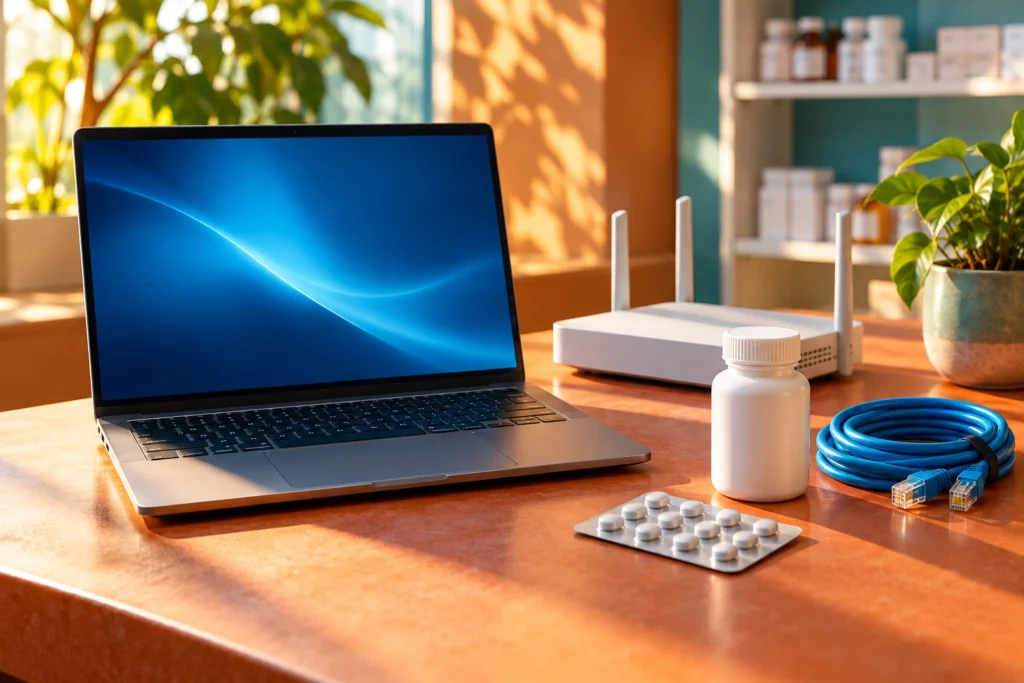 パソコンとルーター、薬を並べた薬局のシステム管理のイメージ