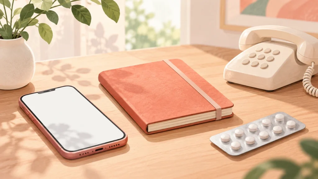 スマートフォンと紙のお薬手帳、薬のシート、電話を並べた服薬情報確認のイメージ