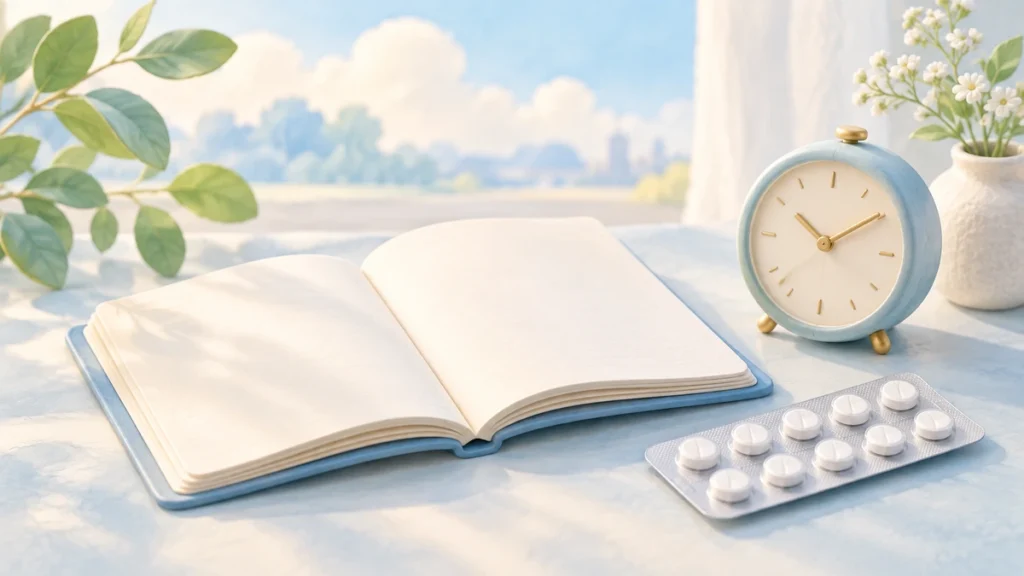 開いたお薬の記録帳と時計と錠剤で表した治療継続のイメージ
