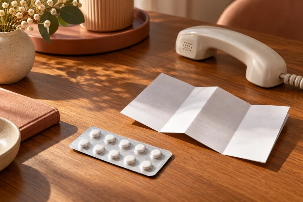 薬の資料と電話を並べ、症状が出たときの相談をイメージした机上