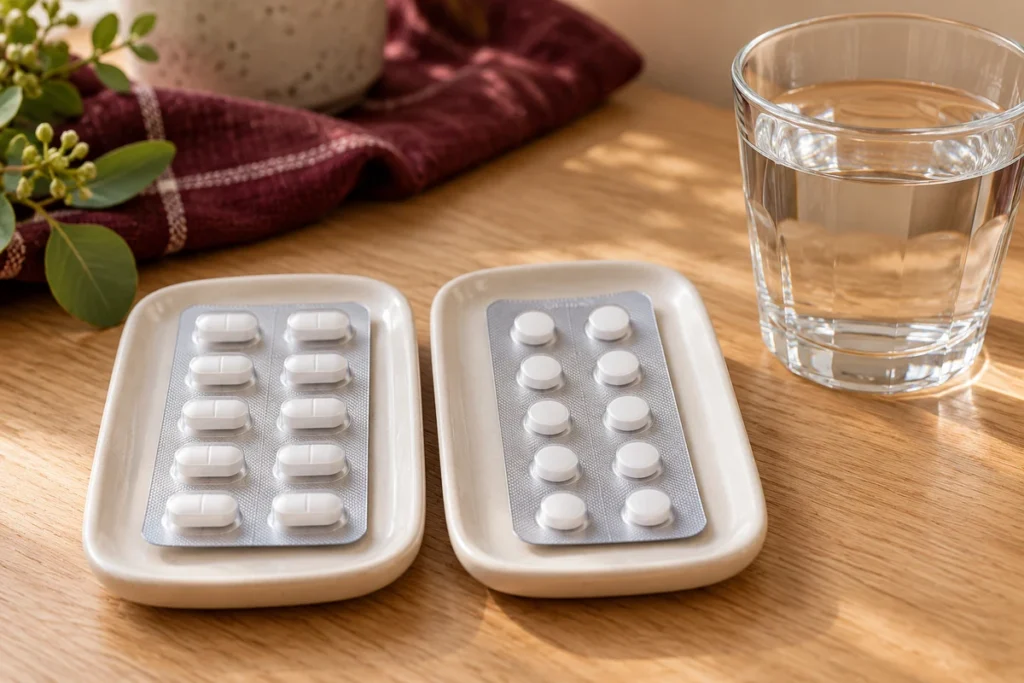 通常錠とOD錠の切り替えをイメージした、2種類の錠剤シートと水