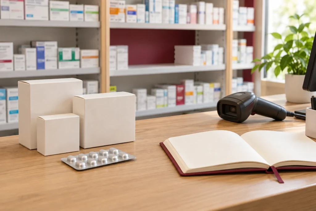 薬の在庫確認をイメージした、薬局の棚と医薬品の箱、記録用ノート