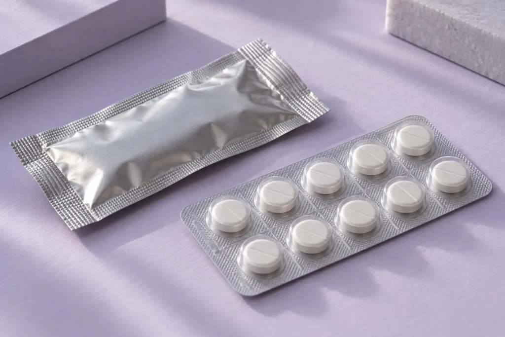 銀色の密封包装と透明なくぼみのある錠剤シートのイメージ