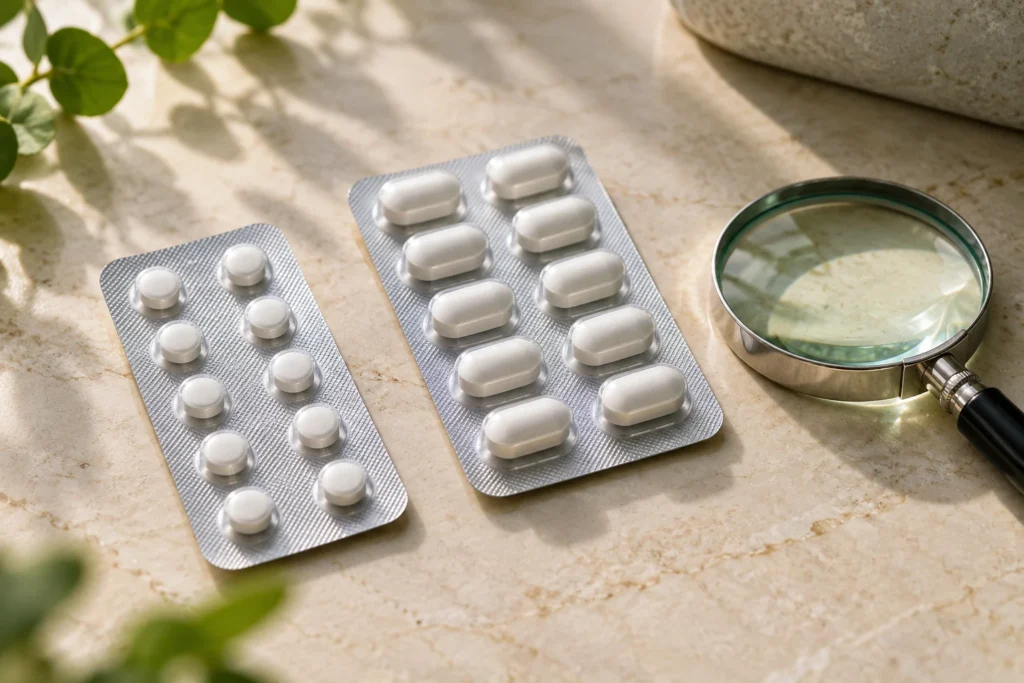 剤形ごとの品質確認をイメージした錠剤シートと拡大鏡