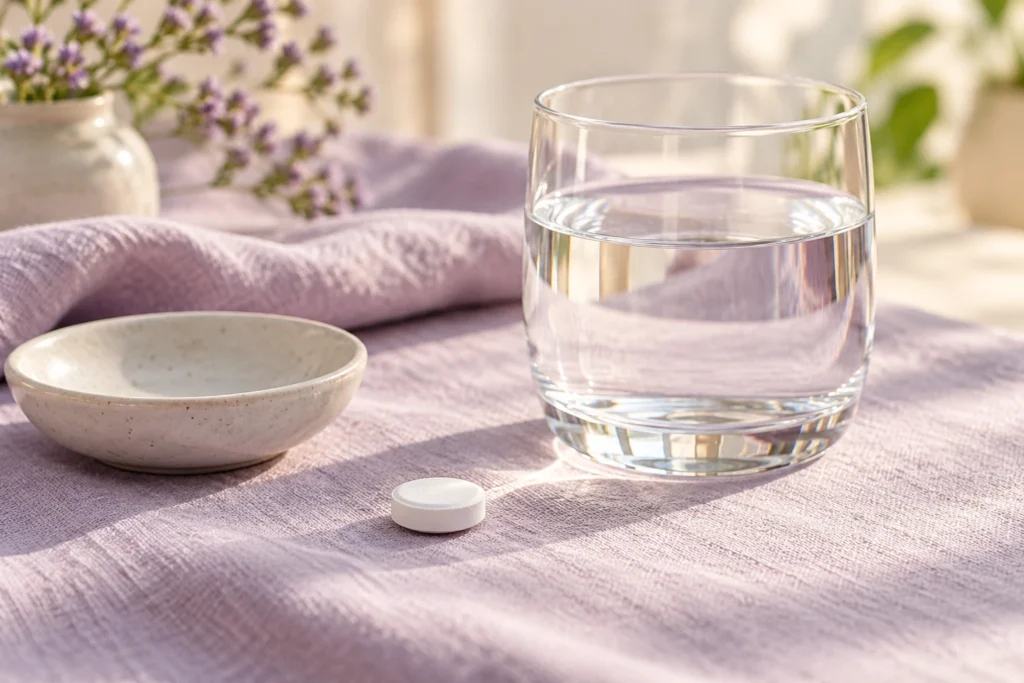 飲みやすさの確認をイメージした白い錠剤と水の入ったグラス