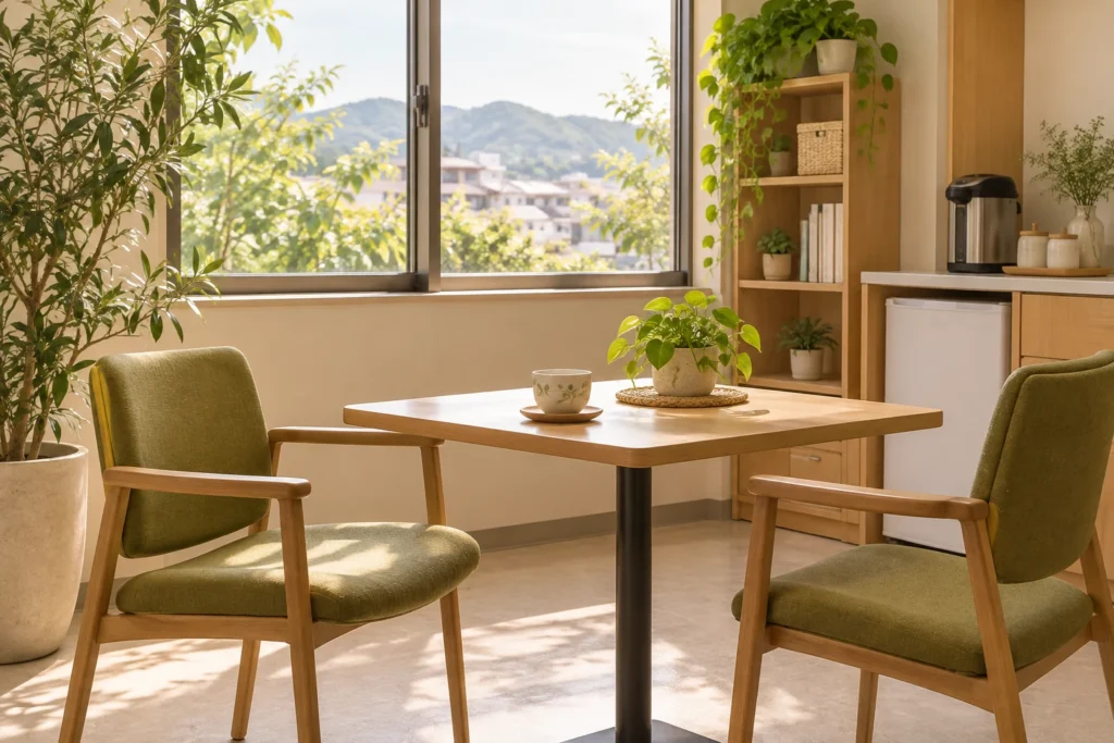 お茶と観葉植物を置いた、薬局スタッフが休憩できる小さな休憩スペース