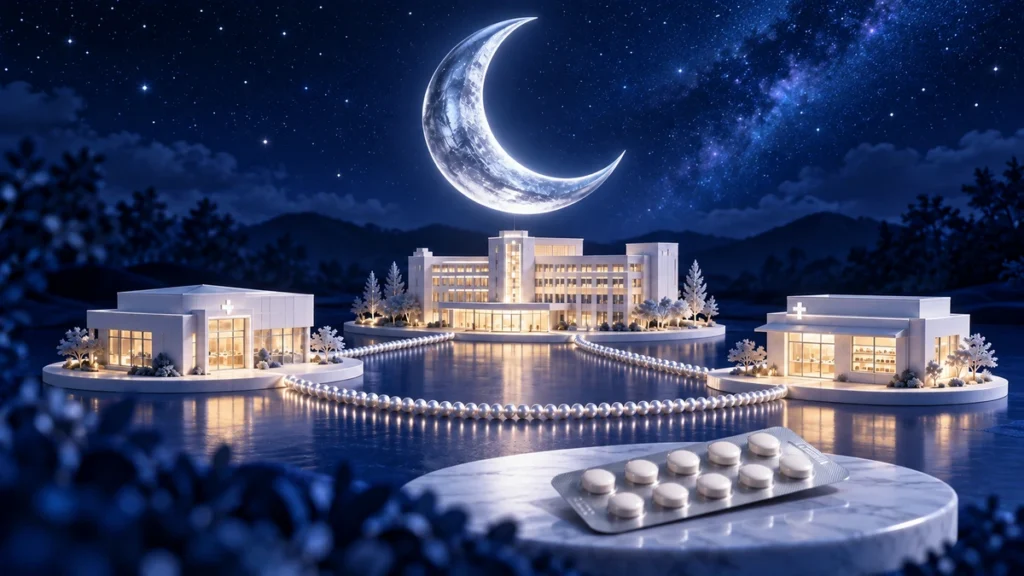 星空と銀色の月の下に、病院・診療所・薬局を配した睡眠医療連携のイメージ