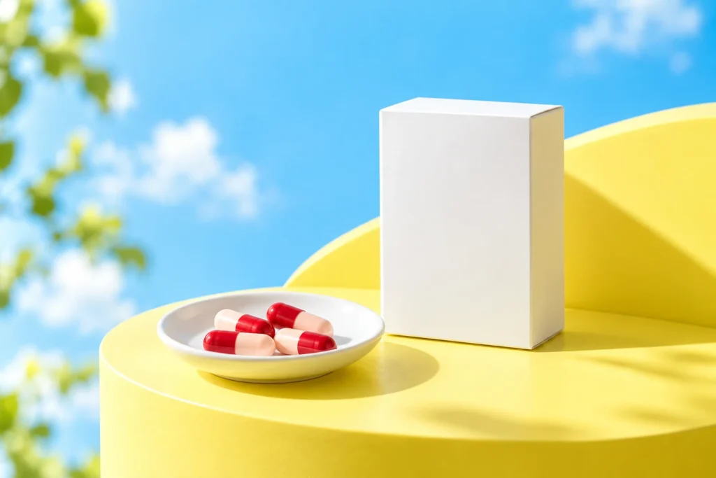 青空色と黄色の背景に薬箱とカプセルを配したビタミン剤のイメージ