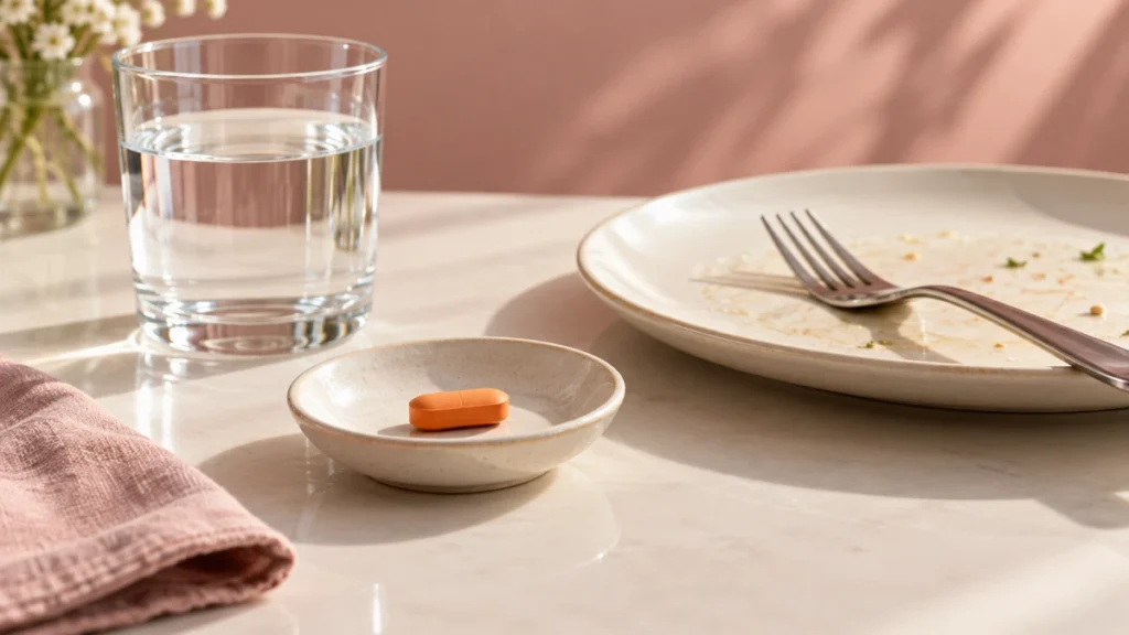 食事と服薬の関係を表す錠剤と水の静物