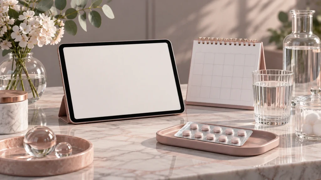 タブレットとカレンダーを置いた服薬フォローの予定管理のイメージ